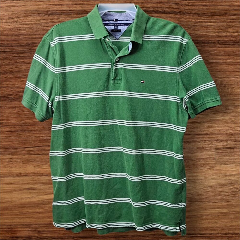 Tommy Hilfiger Men's XL Classic Fit Green White Stripe Short Sleeve Polo Shirt